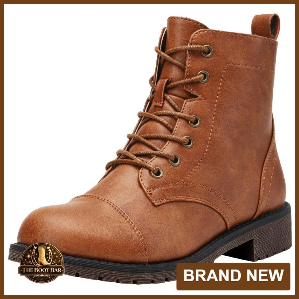 Women's Lace-Up Combat Booties Low Heel Ankle Boots Premium Materials